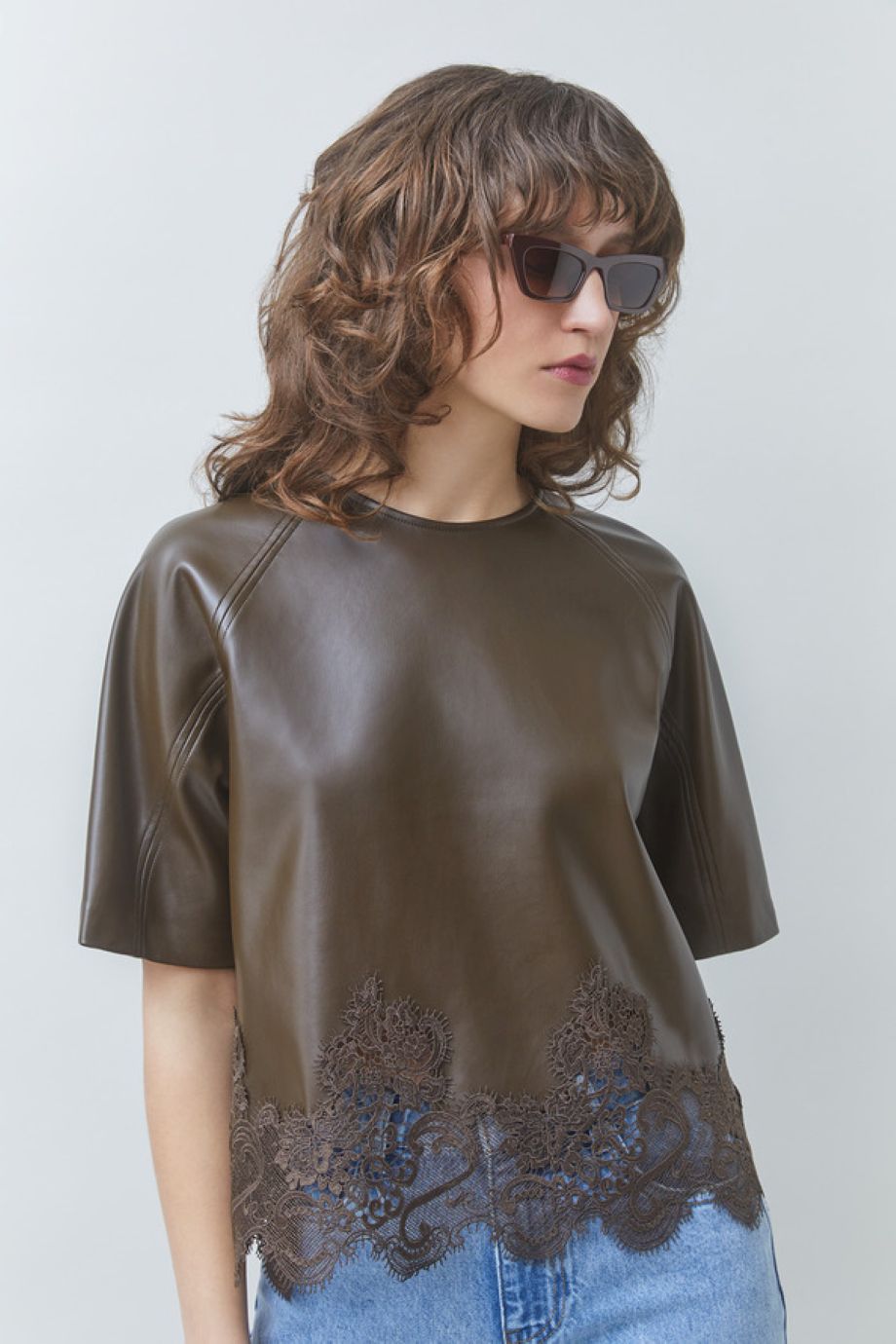 Suncoo London Faux Leather Blouse - Kaki