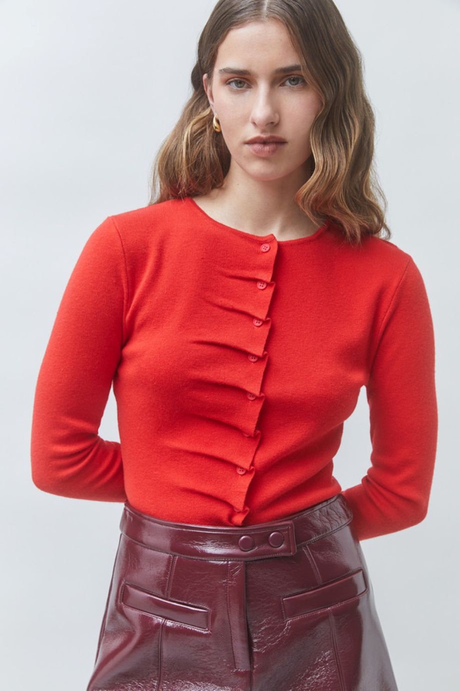 Suncoo Gamira Buttondown Pleated Cardigan - Red
