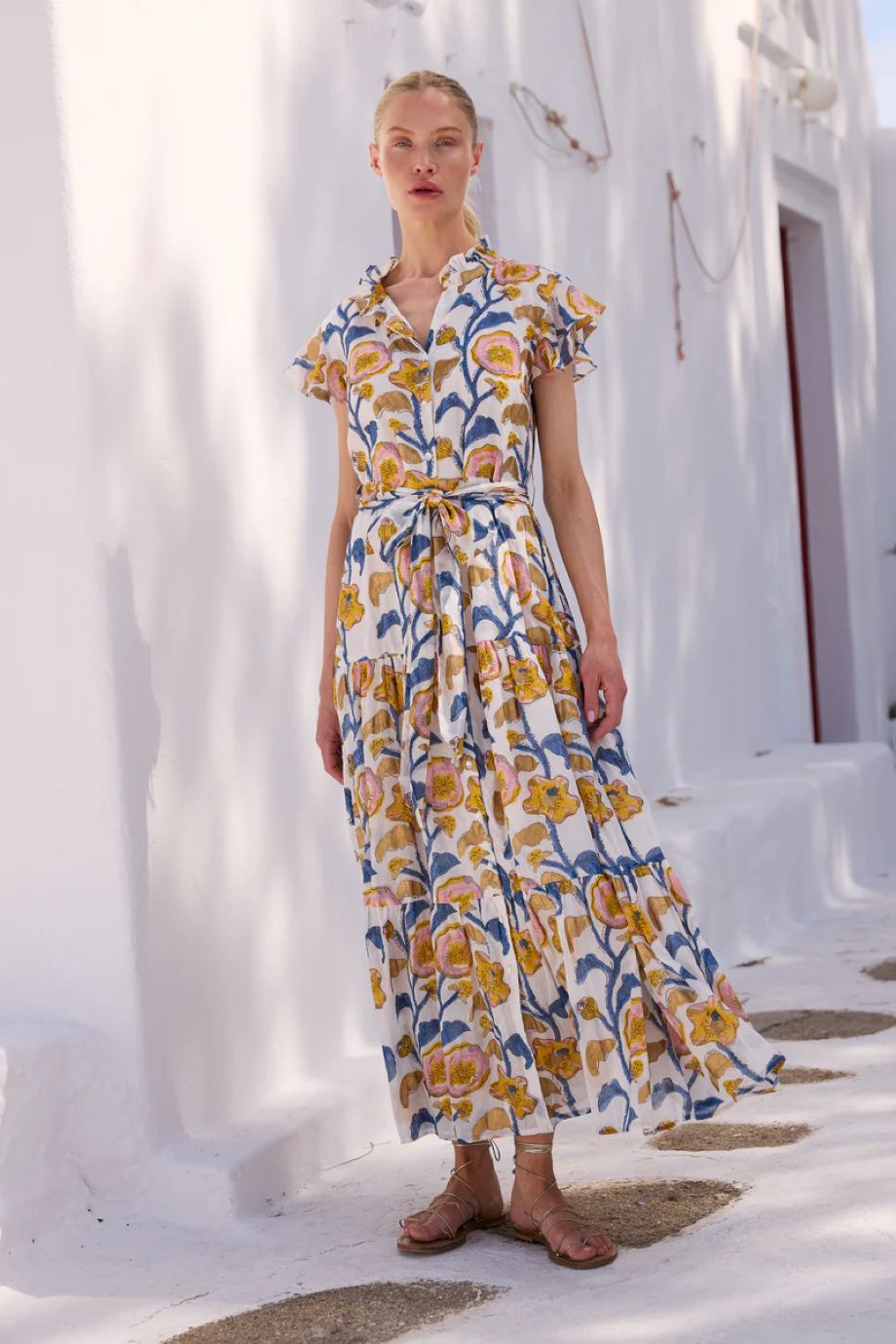 Oliphant Poppy Ruffle Collar Button Maxi - Marigold