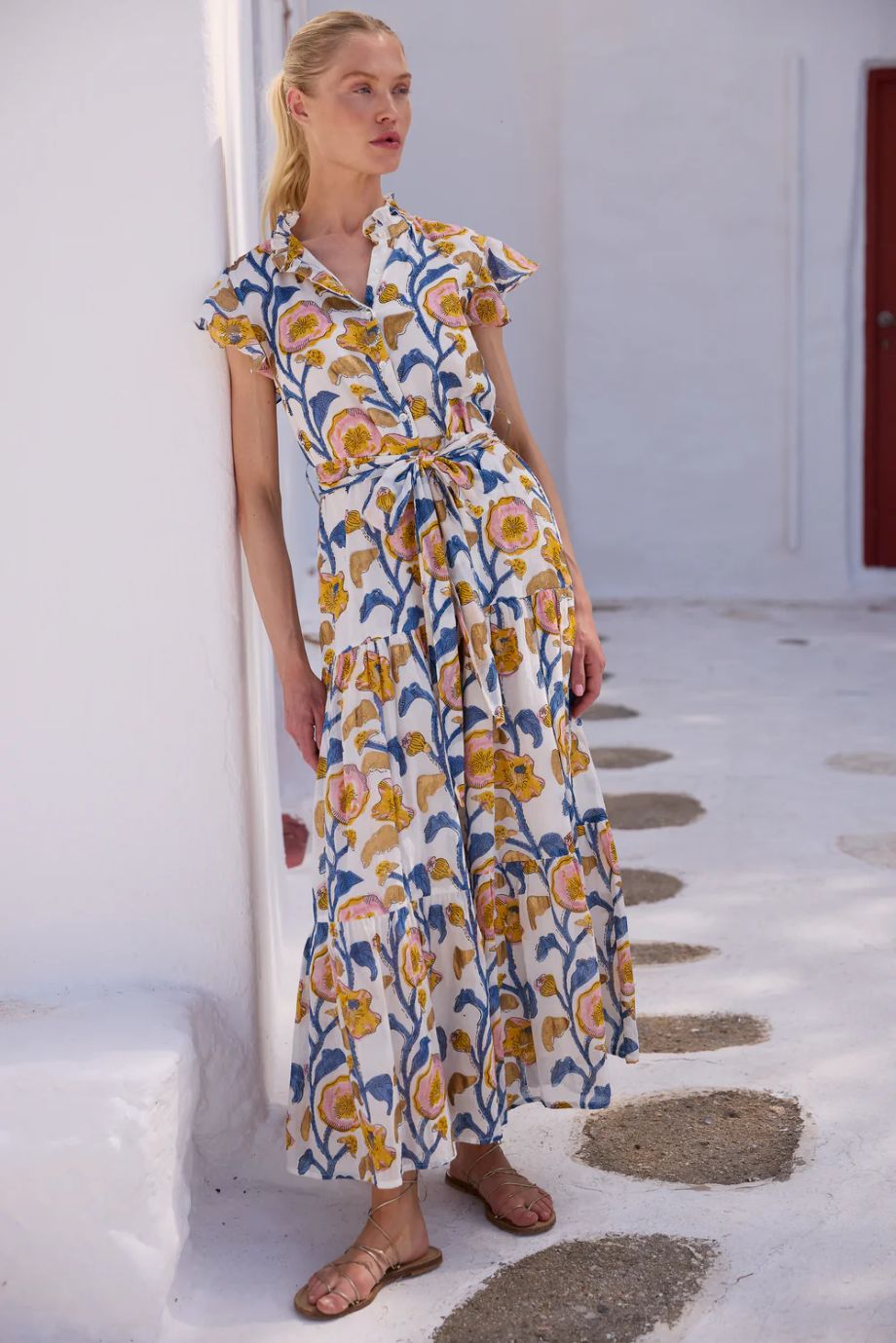 Oliphant Poppy Ruffle Collar Button Maxi - Marigold