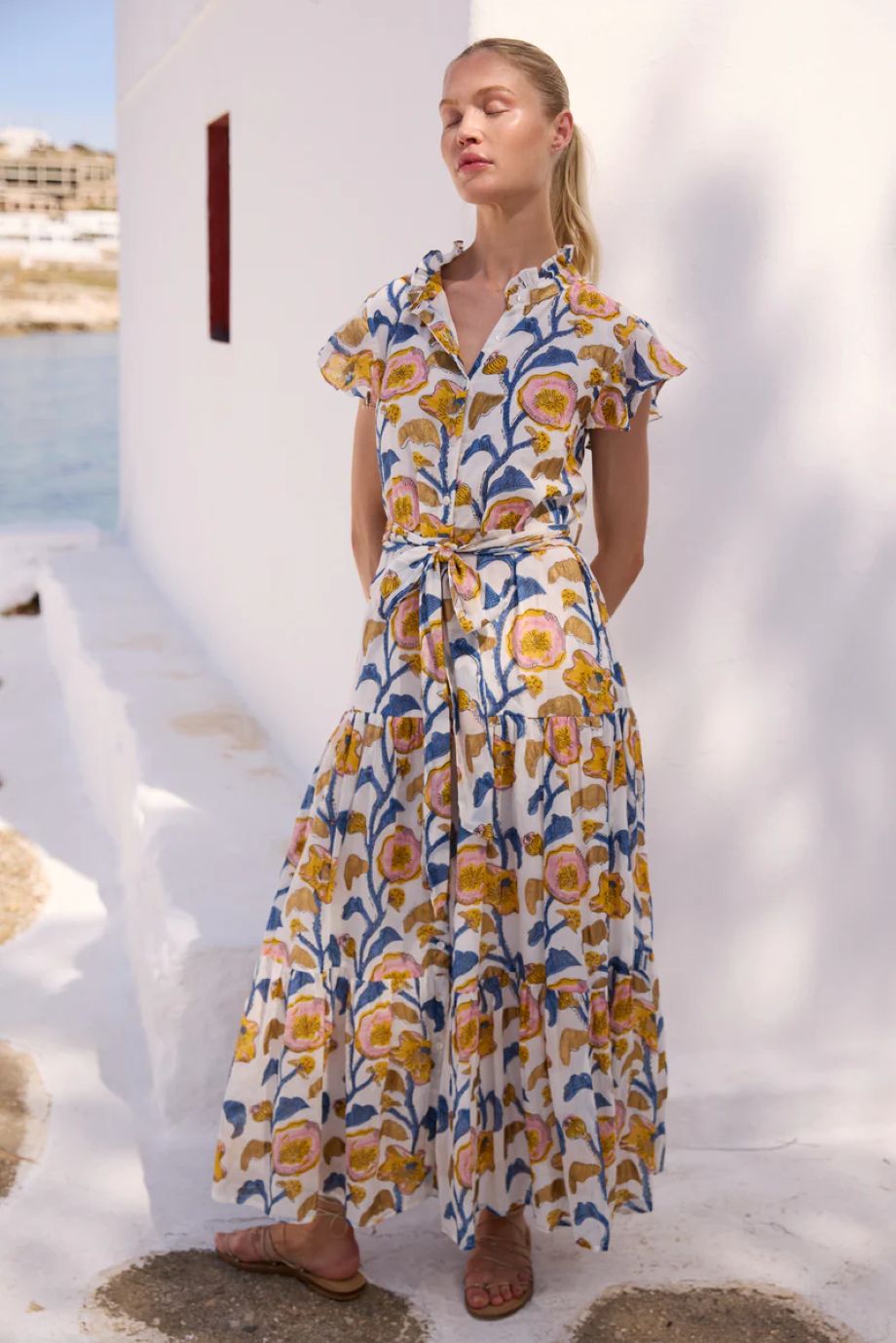 Oliphant Poppy Ruffle Collar Button Maxi - Marigold