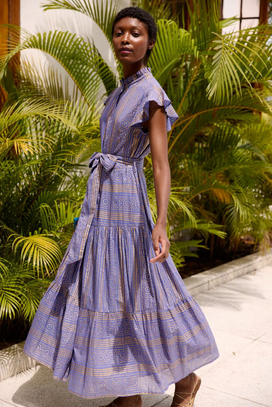Oliphant Helene Ruffle Collar Button Maxi - Blue