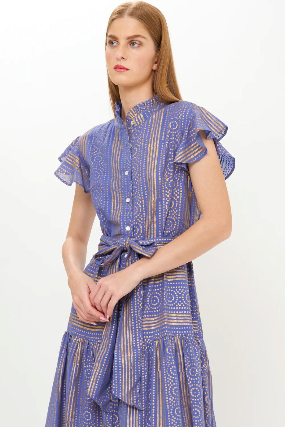 Oliphant Helene Ruffle Collar Button Maxi - Blue