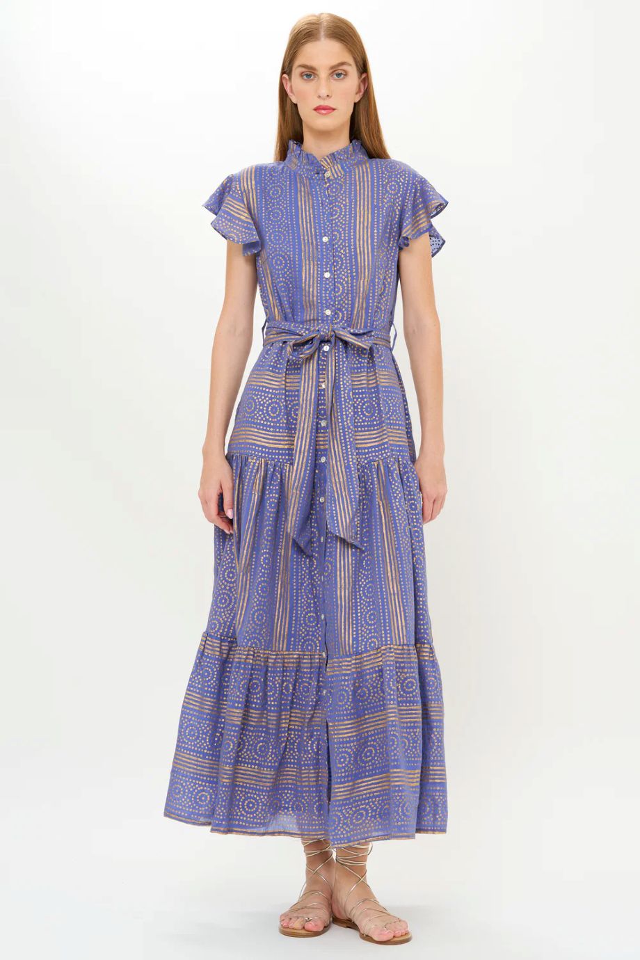 Oliphant Helene Ruffle Collar Button Maxi - Blue