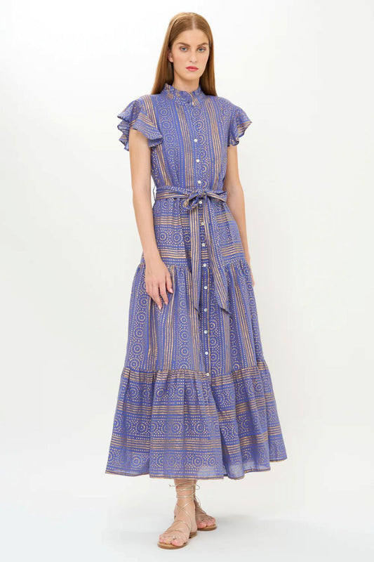 Oliphant Helene Ruffle Collar Button Maxi - Blue