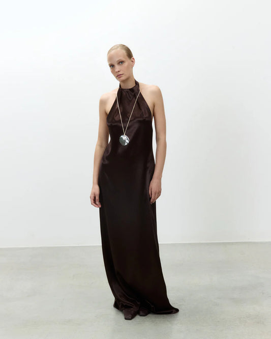 Alysi Long Satin Halter Dress - Chocolate