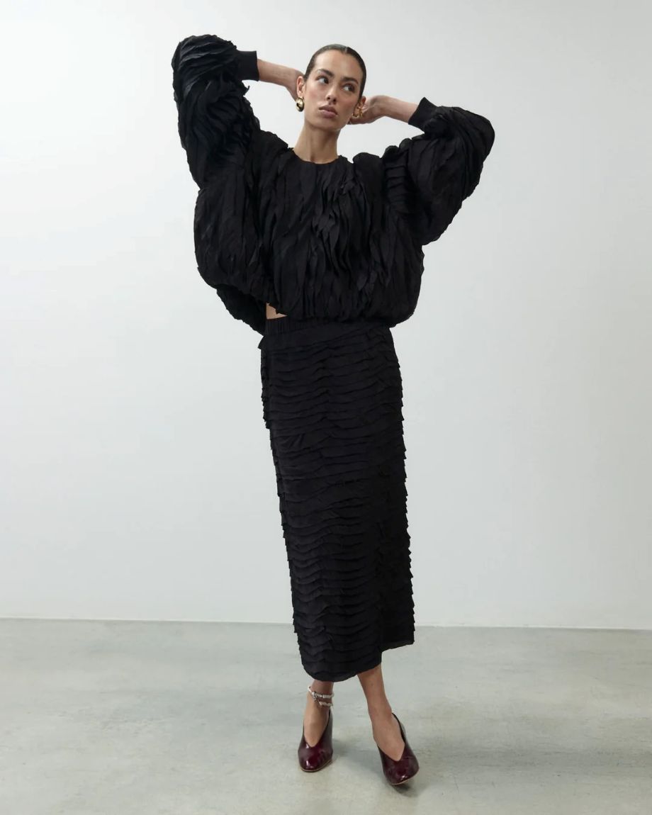Alysi Midi Skirt with Ruffles - Black