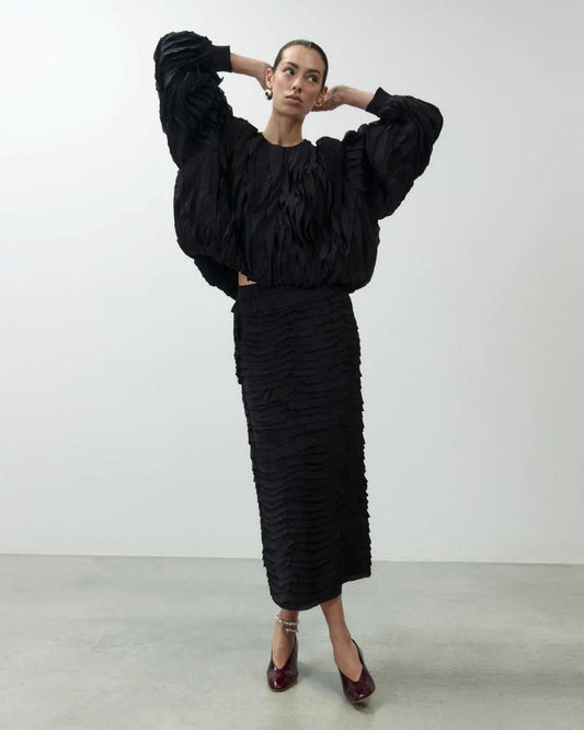 Alysi Midi Skirt with Ruffles - Black