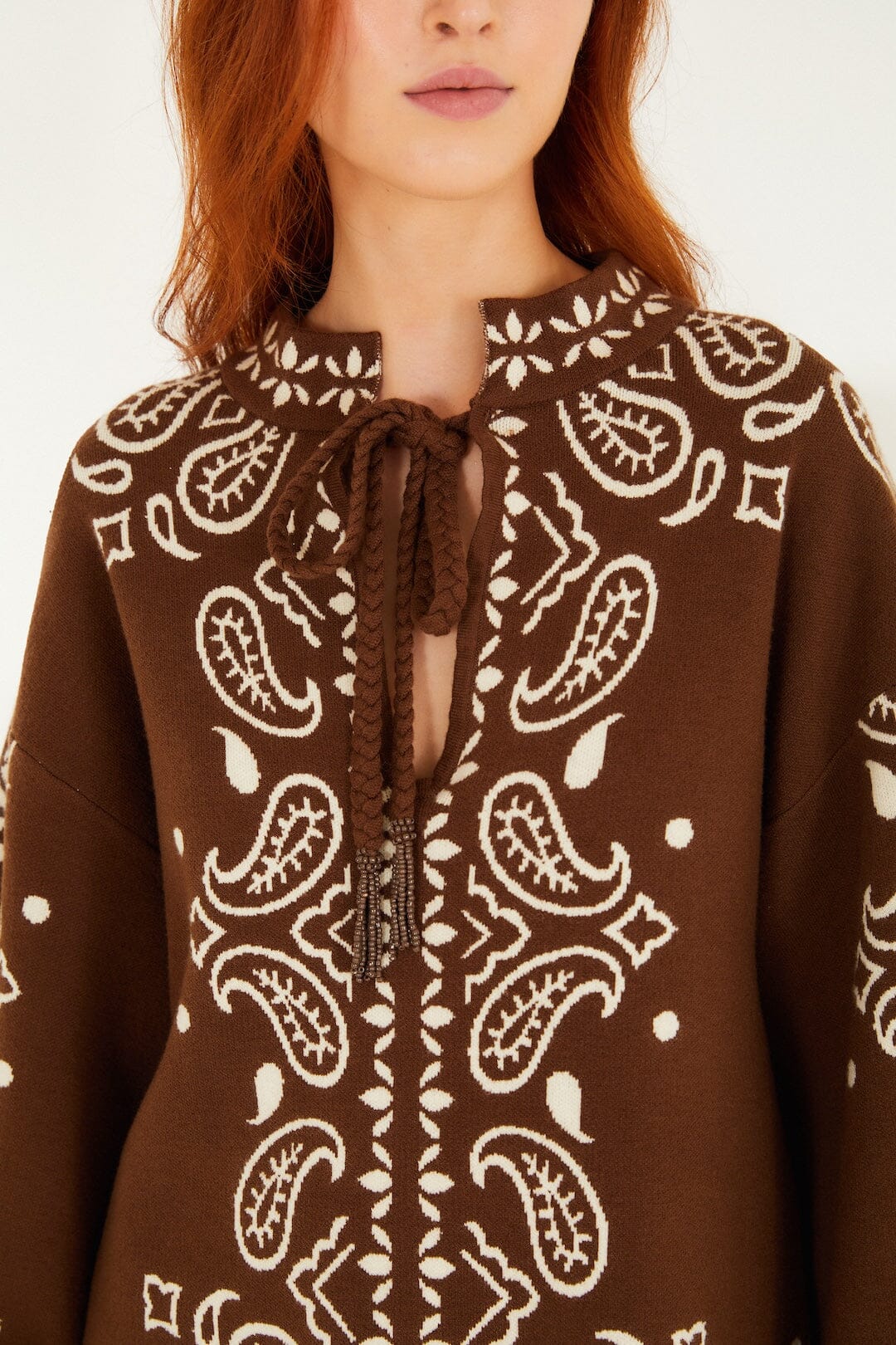 Farm Rio Bohemian Paisley  Beaded Rope Knit Sweater - Brown