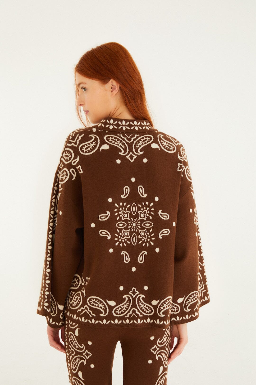 Farm Rio Bohemian Paisley  Beaded Rope Knit Sweater - Brown
