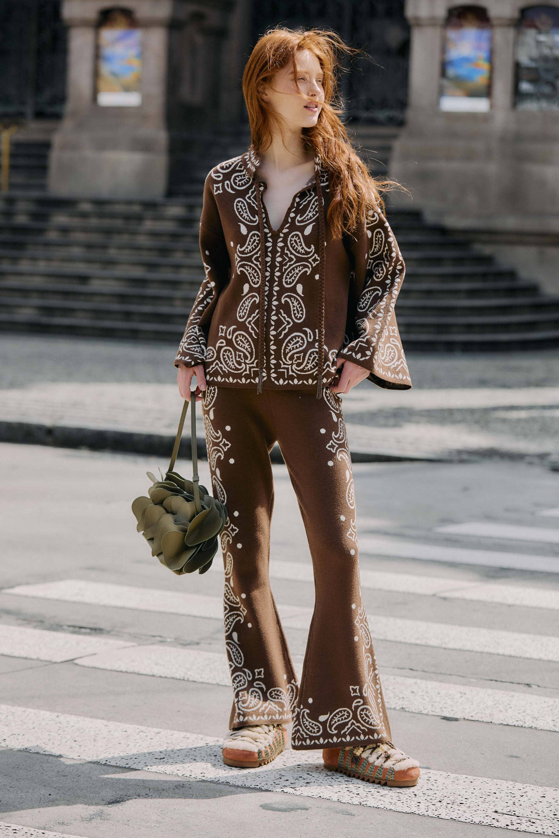 Farm Rio Bohemian Paisley Flare Knit Pants - Brown