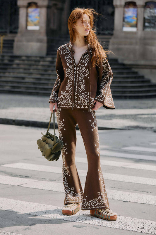 Farm Rio Bohemian Paisley Flare Knit Pants - Brown