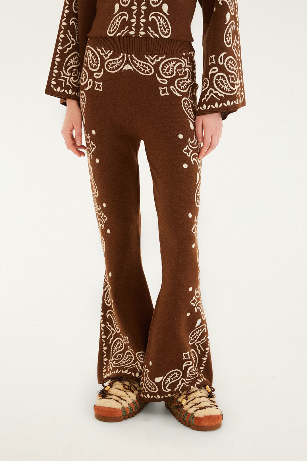 Farm Rio Bohemian Paisley Flare Knit Pants - Brown