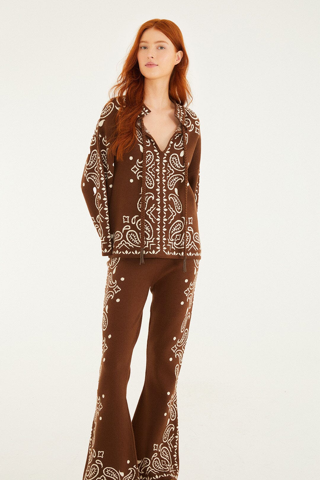 Farm Rio Bohemian Paisley Flare Knit Pants - Brown