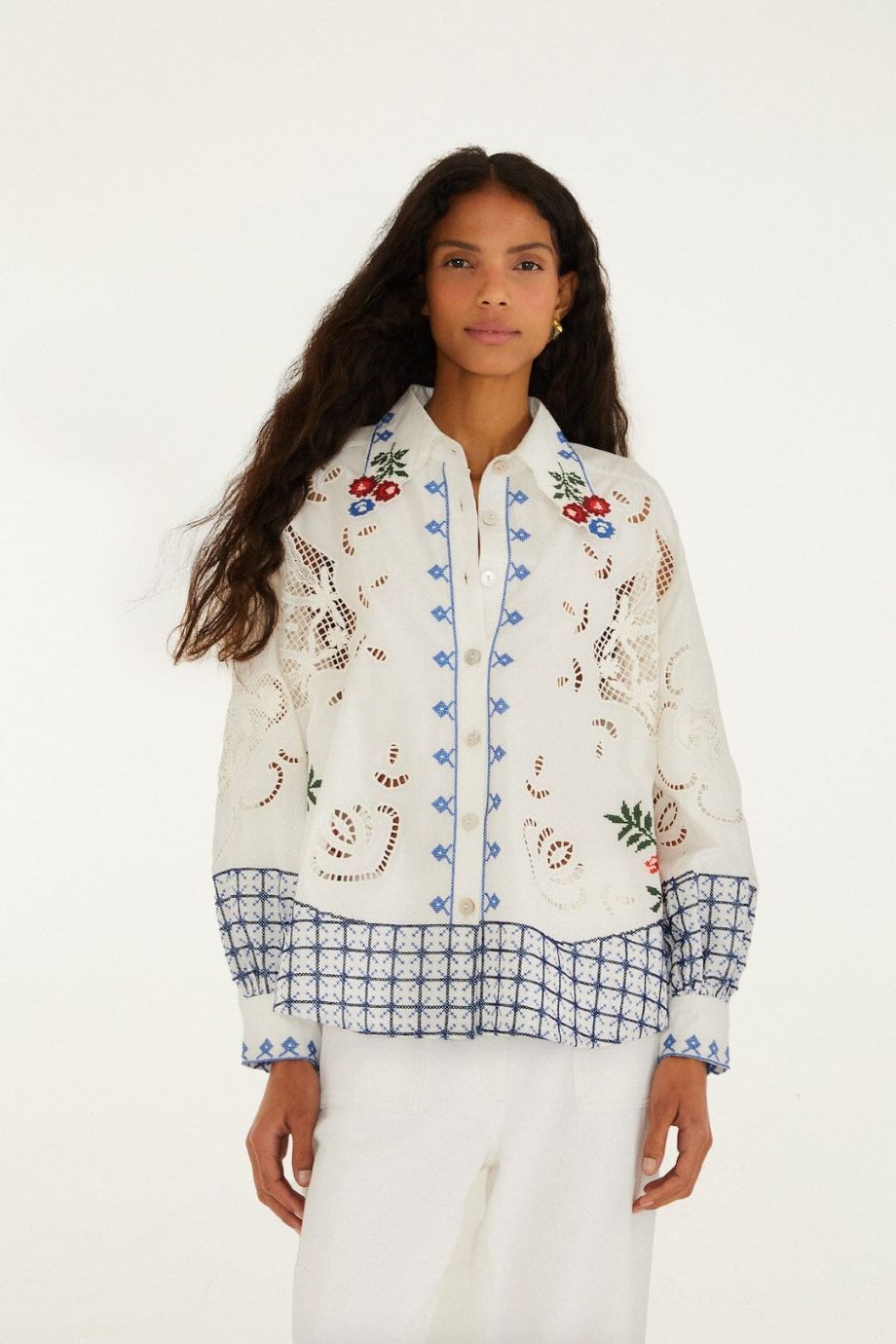 Farm Rio Flowers Embroidery Richlieu Blouse - Off-White