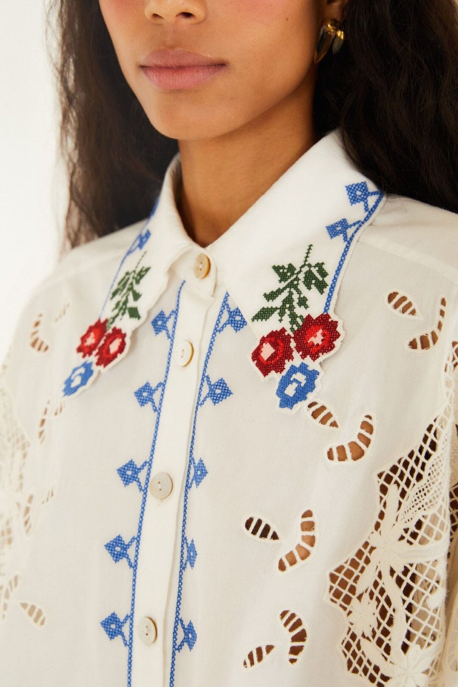 Farm Rio Flowers Embroidery Richlieu Blouse - Off-White