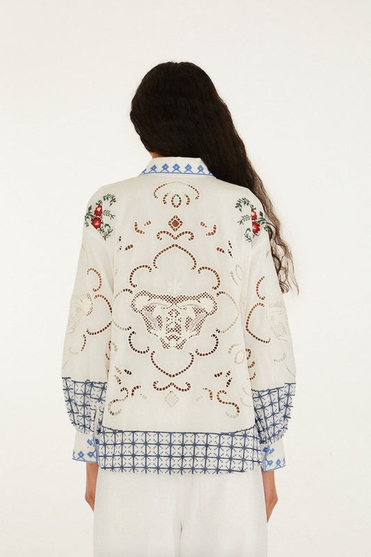Farm Rio Flowers Embroidery Richlieu Blouse - Off-White
