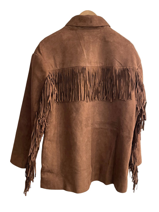Chammomile Suede Shirt Jacket with Fringe - Brown