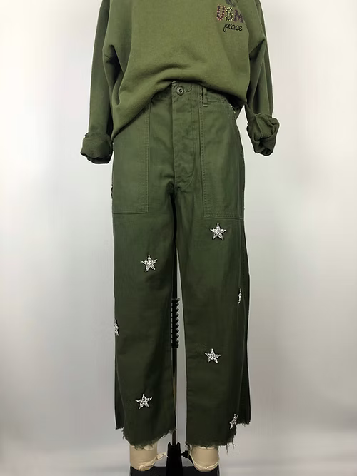 Rank & Sugar Rhinestone Star Utility Pant - Khaki Green
