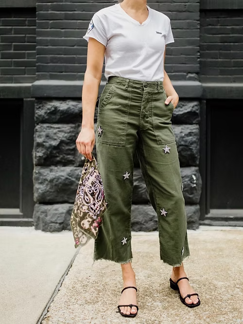 Rank & Sugar Rhinestone Star Utility Pant - Khaki Green