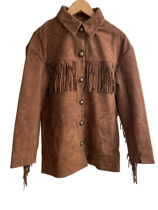 Chammomile Suede Shirt Jacket with Fringe - Brown