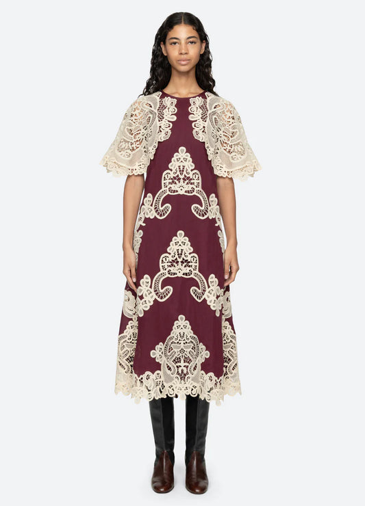 Sea-NY Medina Lace Midi Dress - Burgundy