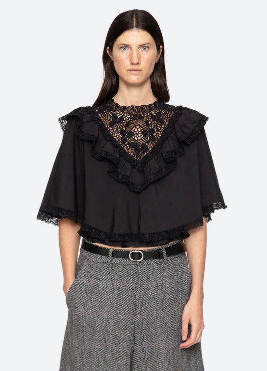 Sea-NY Shanna Lace Beaded Capelet Top - Black
