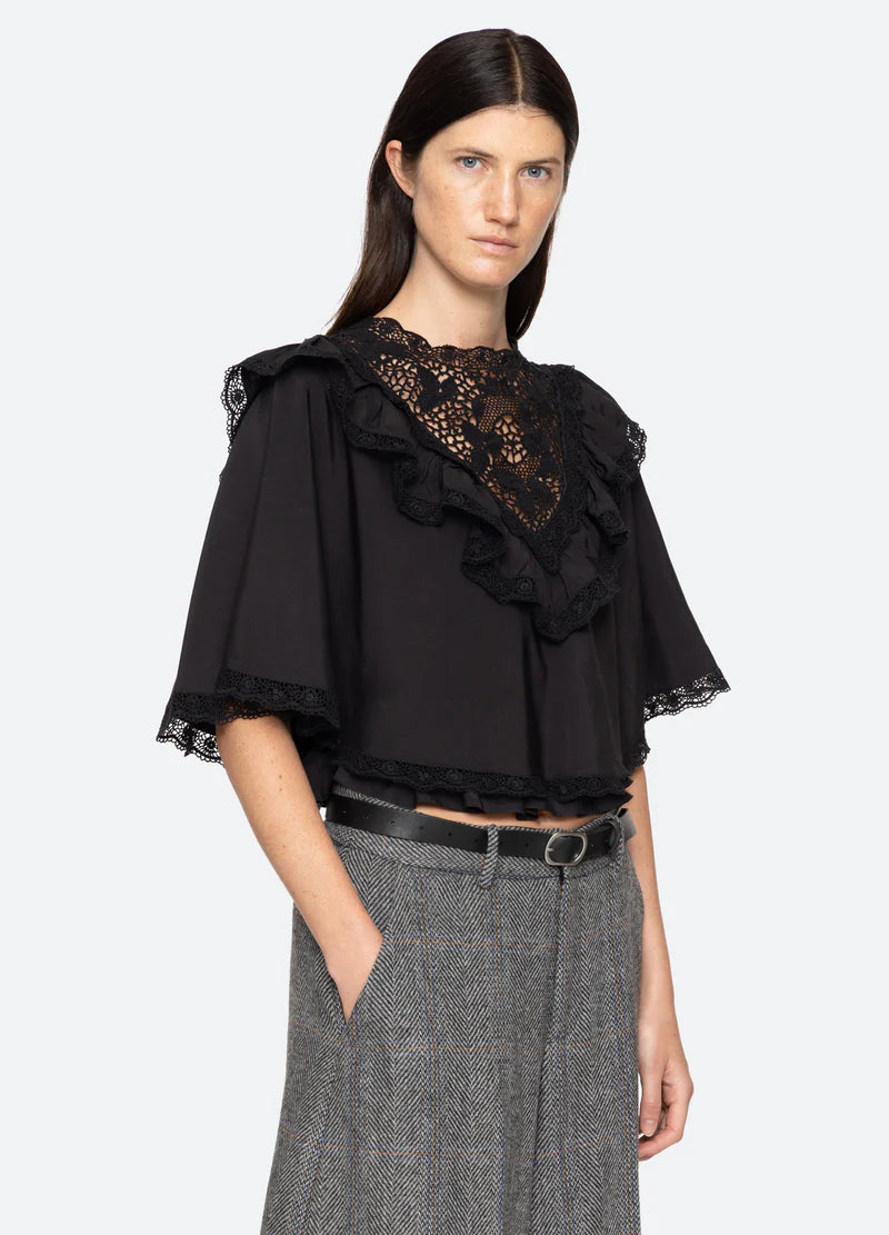 Sea-NY Shanna Lace Beaded Capelet Top - Black