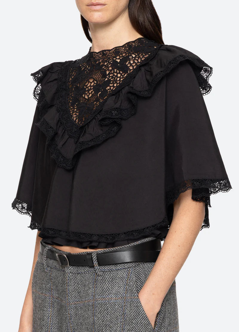 Sea-NY Shanna Lace Beaded Capelet Top - Black