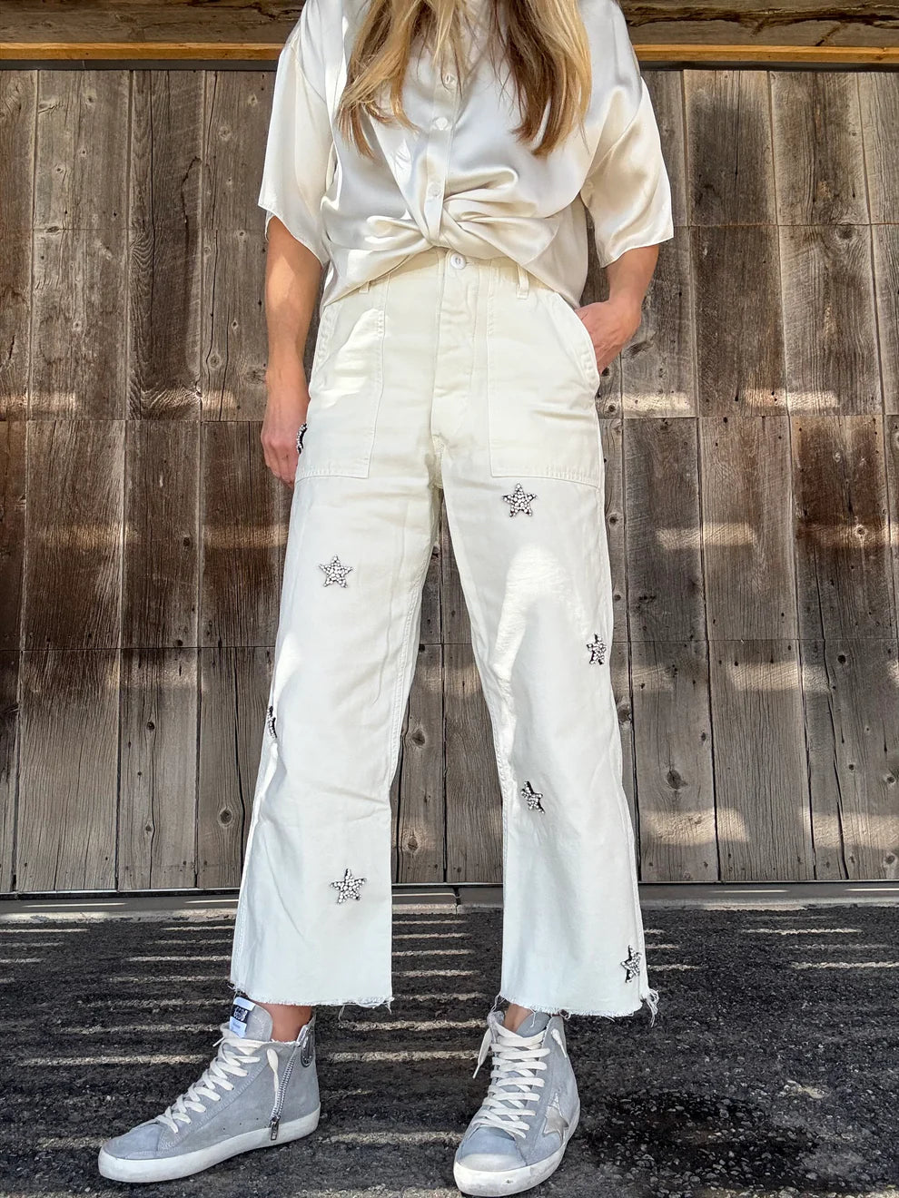 Rank & Sugar Rhinestone Star Utility Pant - Off White