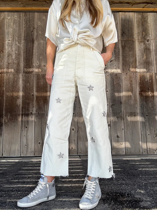 Rank & Sugar Rhinestone Star Utility Pant - Off White