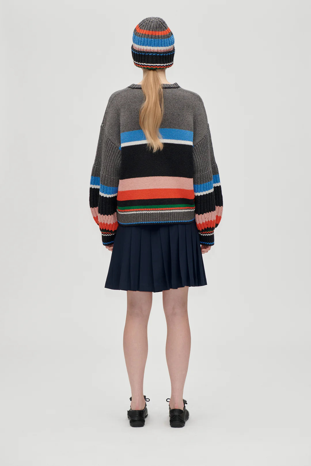 Stine Goya Pinstripe Tailoring Belted Pleated Skirt - Navy