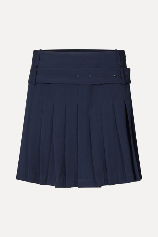 Stine Goya Pinstripe Tailoring Belted Pleated Skirt - Navy