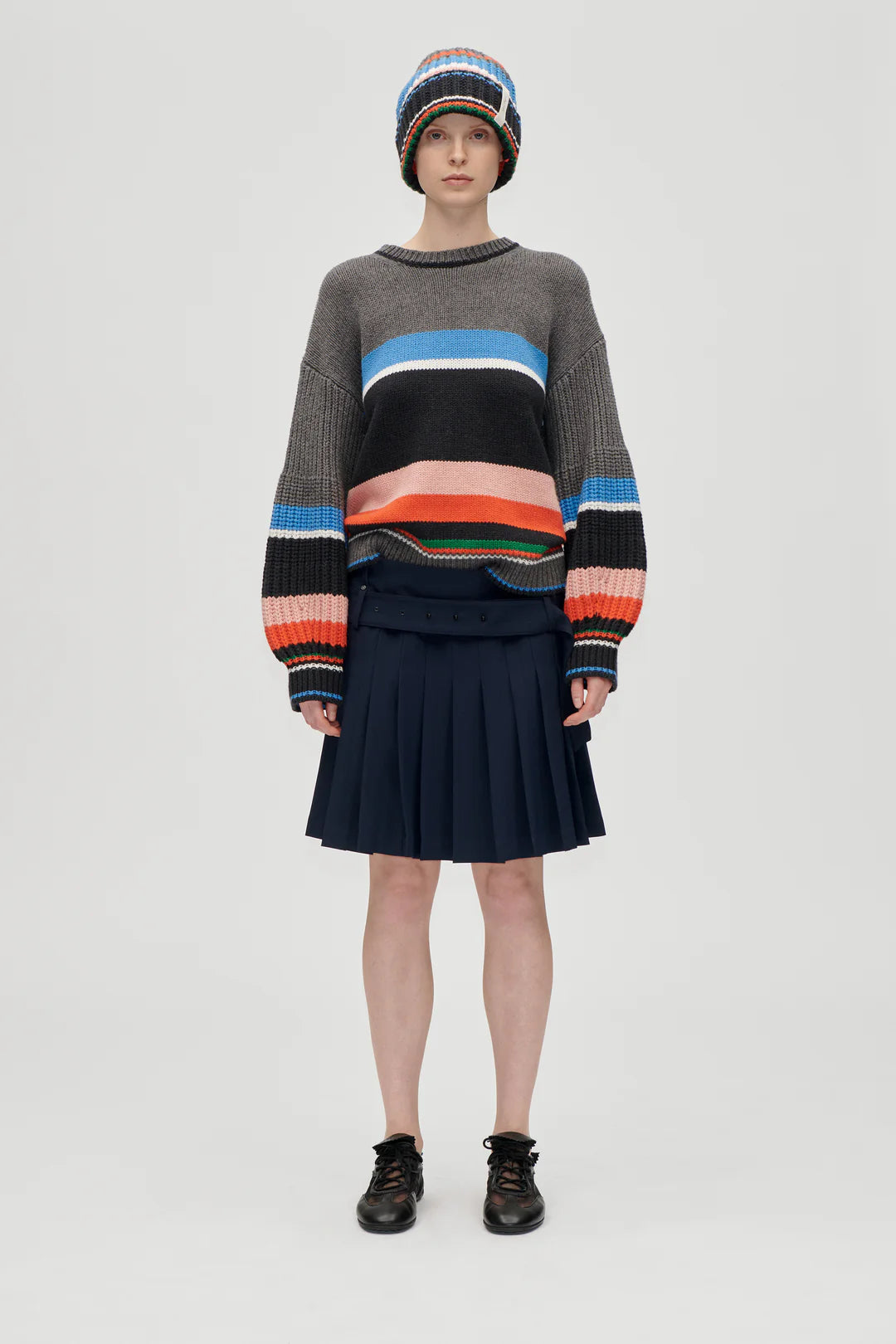 Stine Goya Pinstripe Tailoring Belted Pleated Skirt - Navy