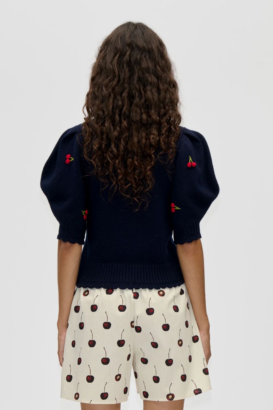 Stine Goya Cherries Bobble Knit Polo Cardigan - Navy