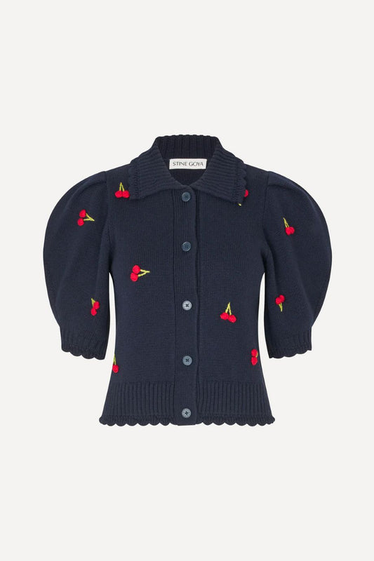 Stine Goya Cherries Bobble Knit Polo Cardigan - Navy
