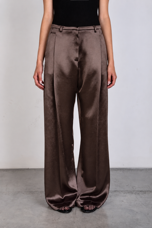 Alysi Shiny Satin Pants - Chocolate