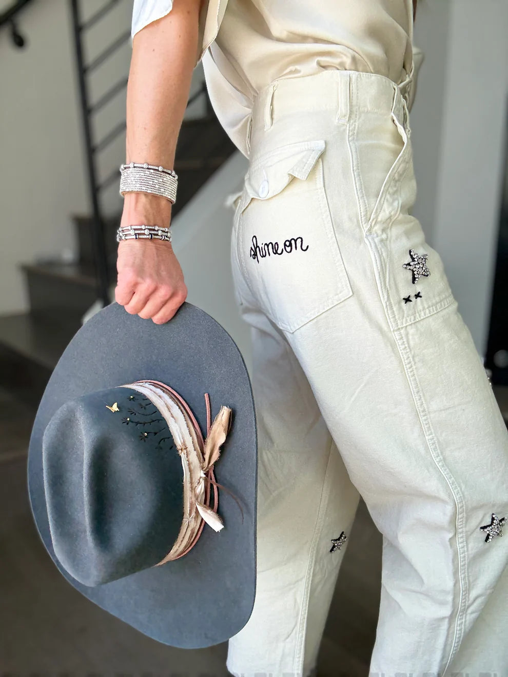 Rank & Sugar Rhinestone Star Utility Pant - Off White