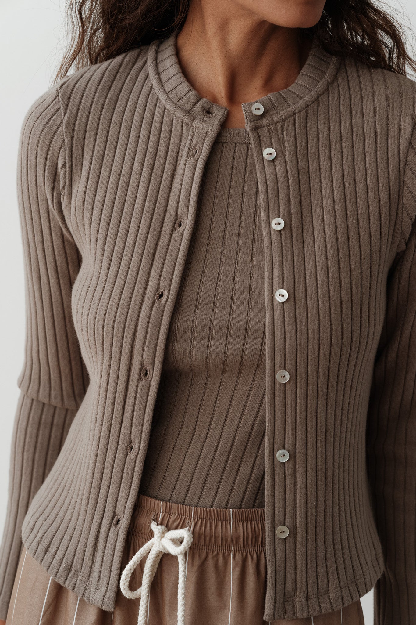Donni Sweater Rib Cardi - Mushroom