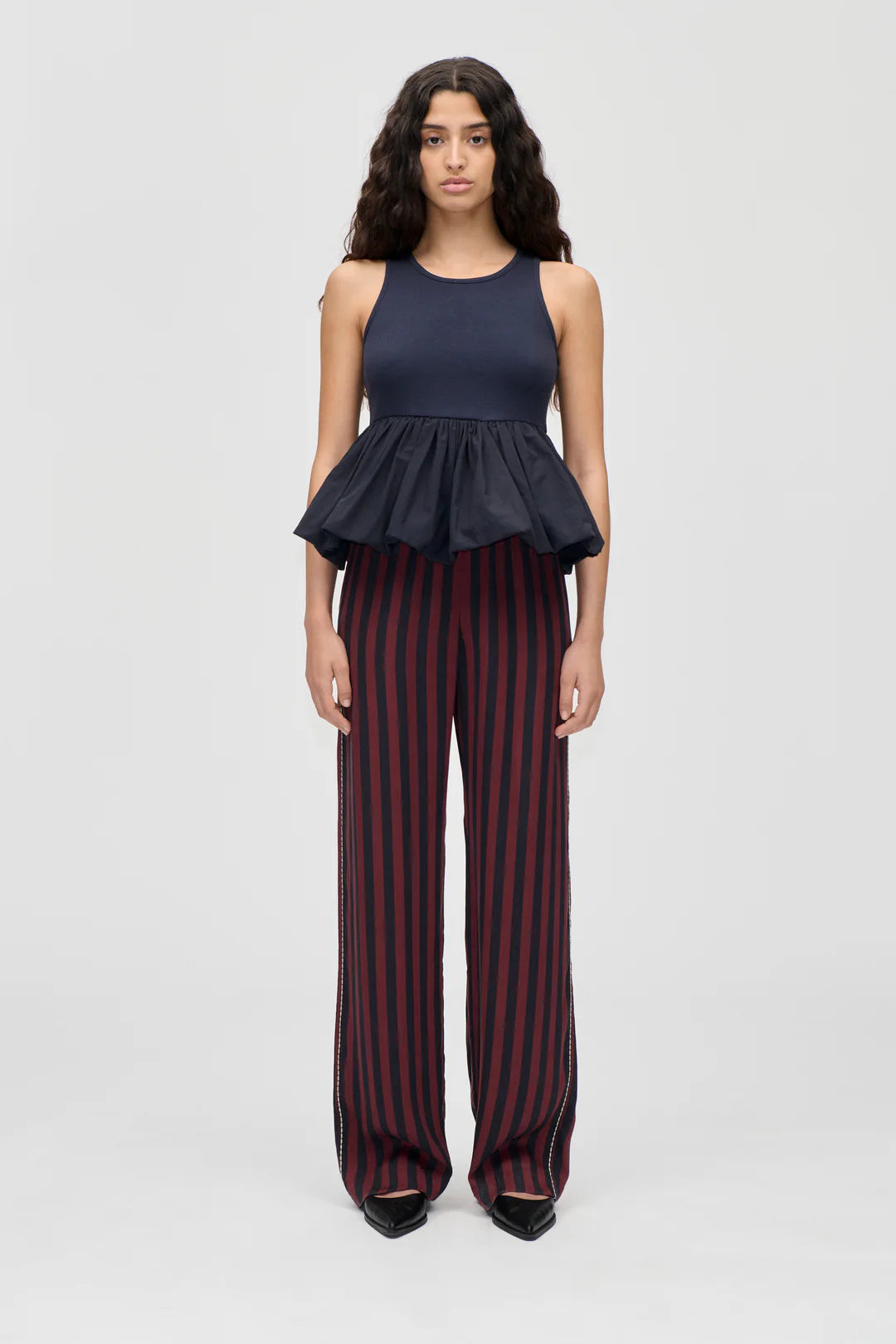 Stine Goya Elasticated Long Pants - Navy Bugundy Wallpaer Stripes