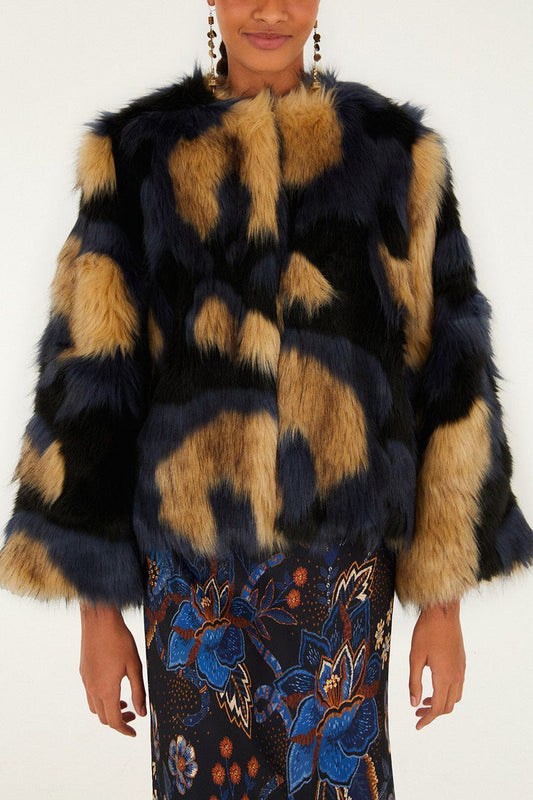 Farm Rio Multicolor Faux Fur Coat - Blue