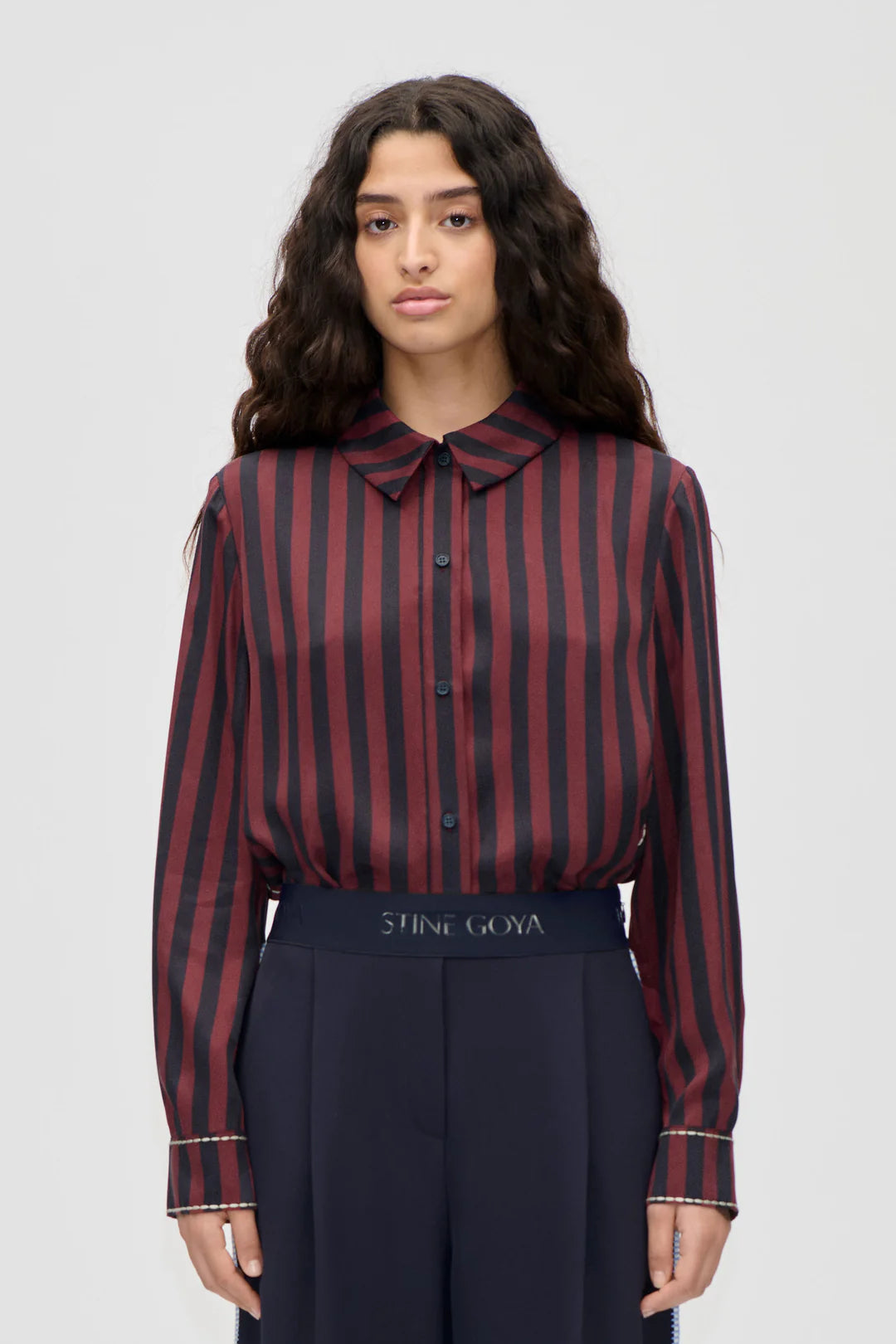 Stine Goya Long Sleeve Shirt - Navy/Burgundy Wallpaper Stripes
