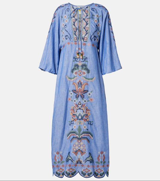 Farm Rio Garden Tapestry Embroidered Midi Dress - Blue