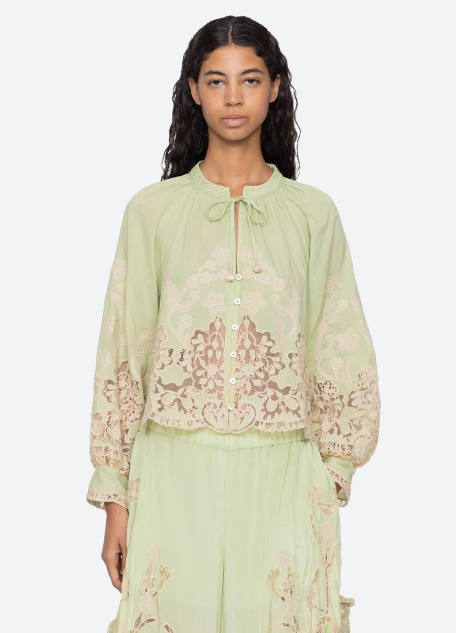 Sea-NY Gracelyn Lace Embroidered Top - Green
