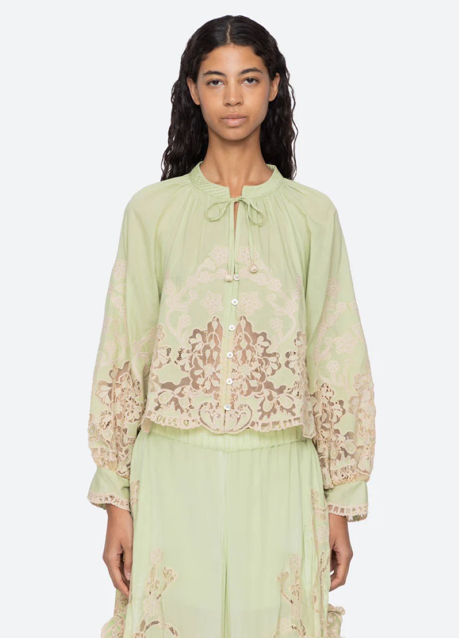 Sea-NY Gracelyn Lace Embroidered Top - Green