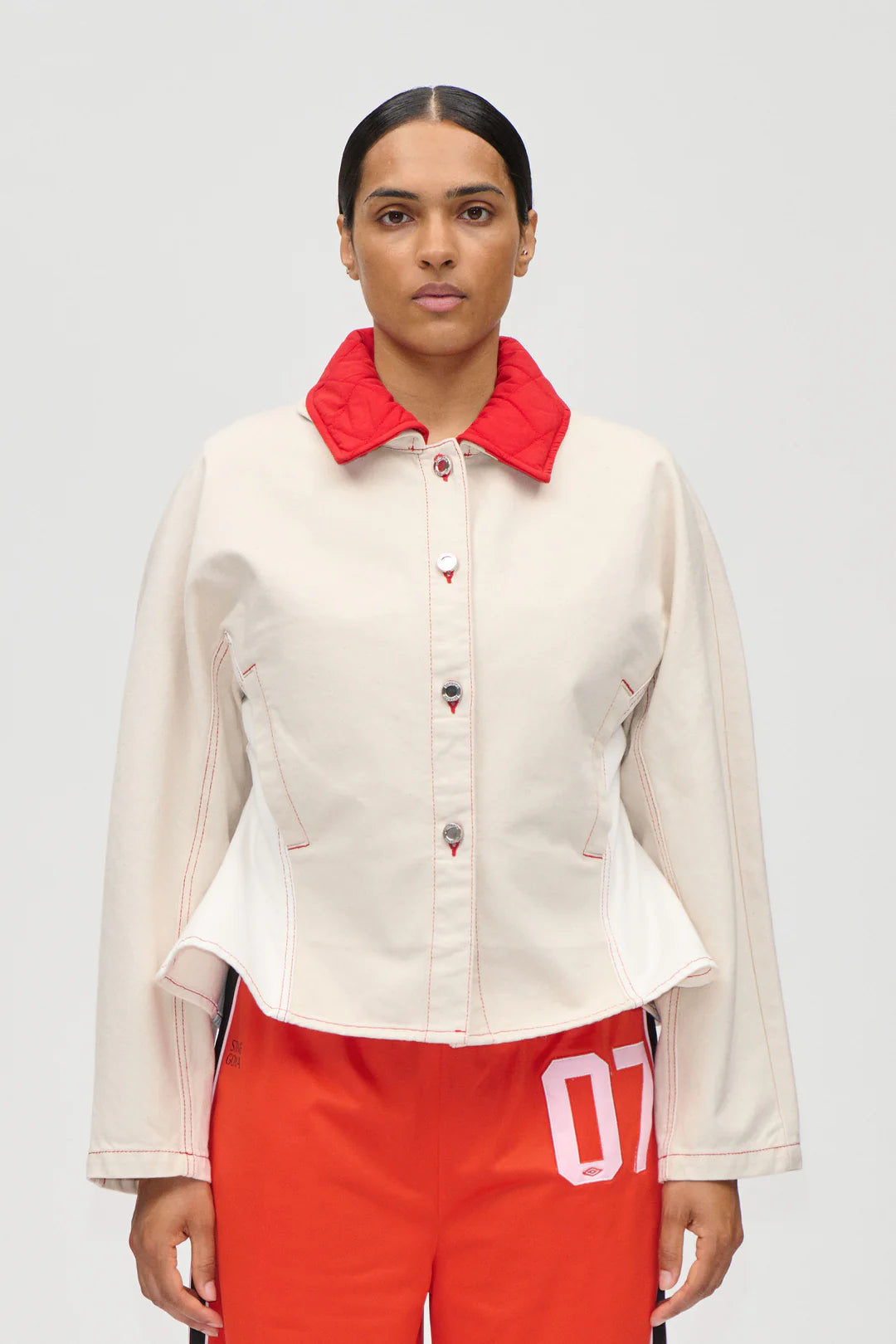 Stine Goya Peplum Collar Denim Jacket - Natural/Red