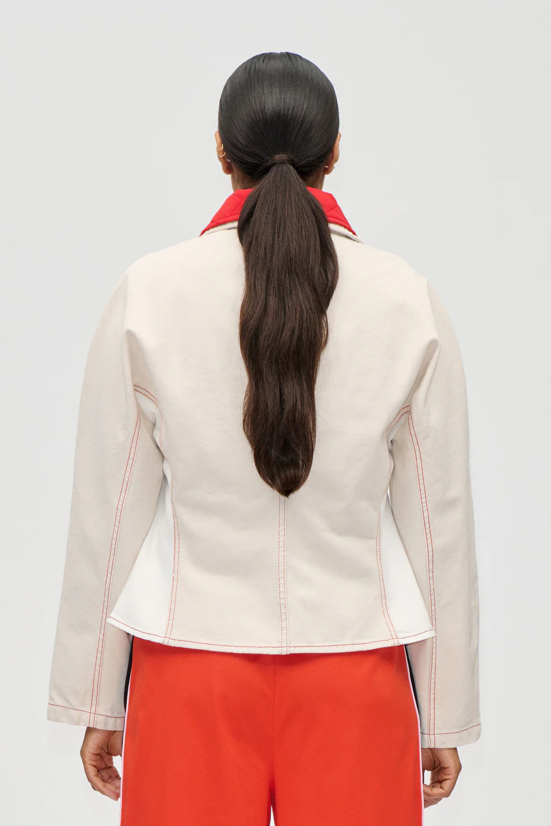Stine Goya Peplum Collar Denim Jacket - Natural/Red