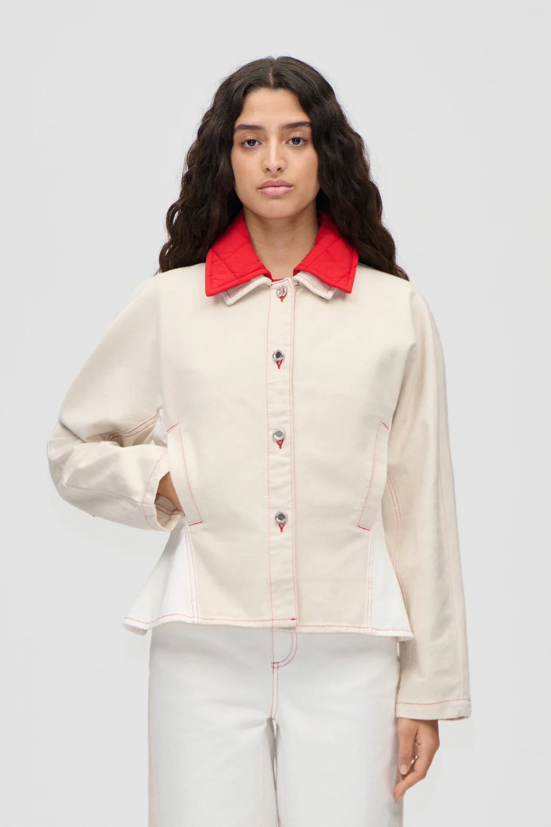 Stine Goya Peplum Collar Denim Jacket - Natural/Red
