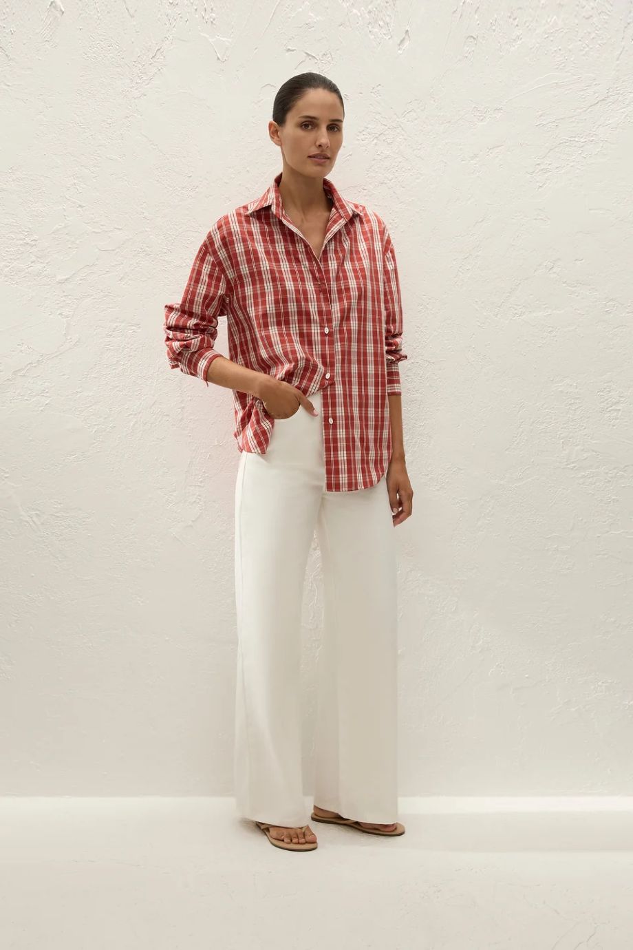 Faithfull the Brand En Vau Buttondown - Ines Check Terra Rosso