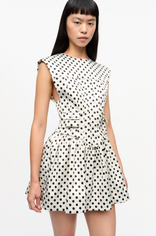 Ganni Polka-Dot Satin Mini Corset Dress - Egret